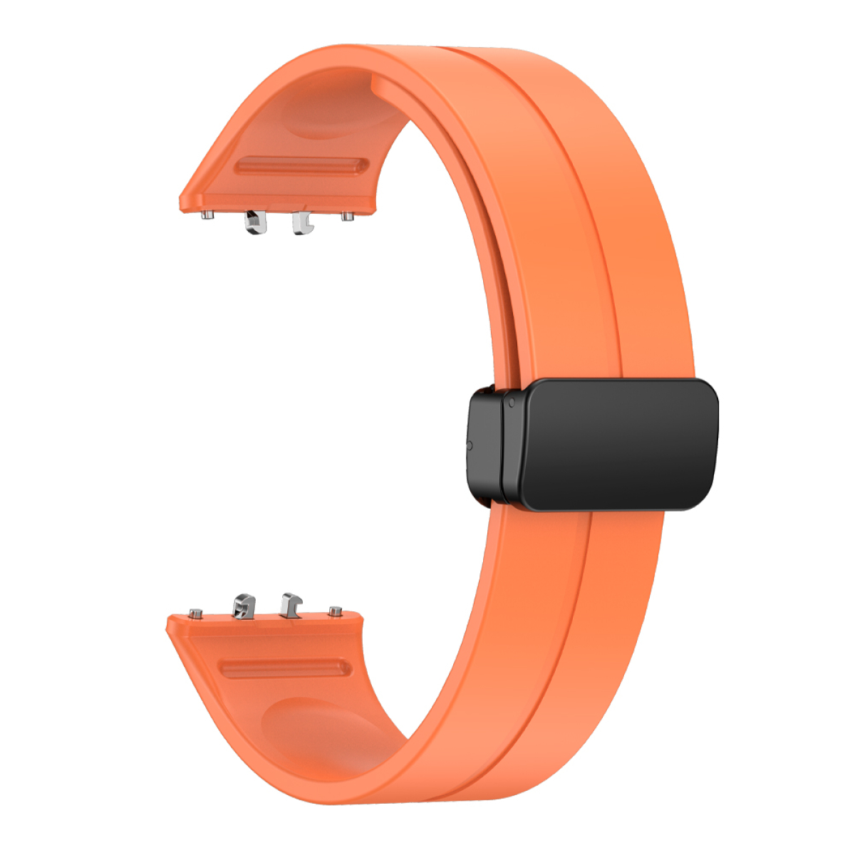 Oranges Uhrenarmband mit schwarzem Bandhalter. Weißer Hintergrund.