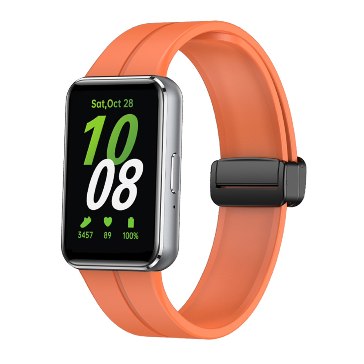 Smartwatch mit orangefarbenem Armband. Die Uhr hat einen Bildschirm, der Zeit, Schritte und Akku anzeigt.