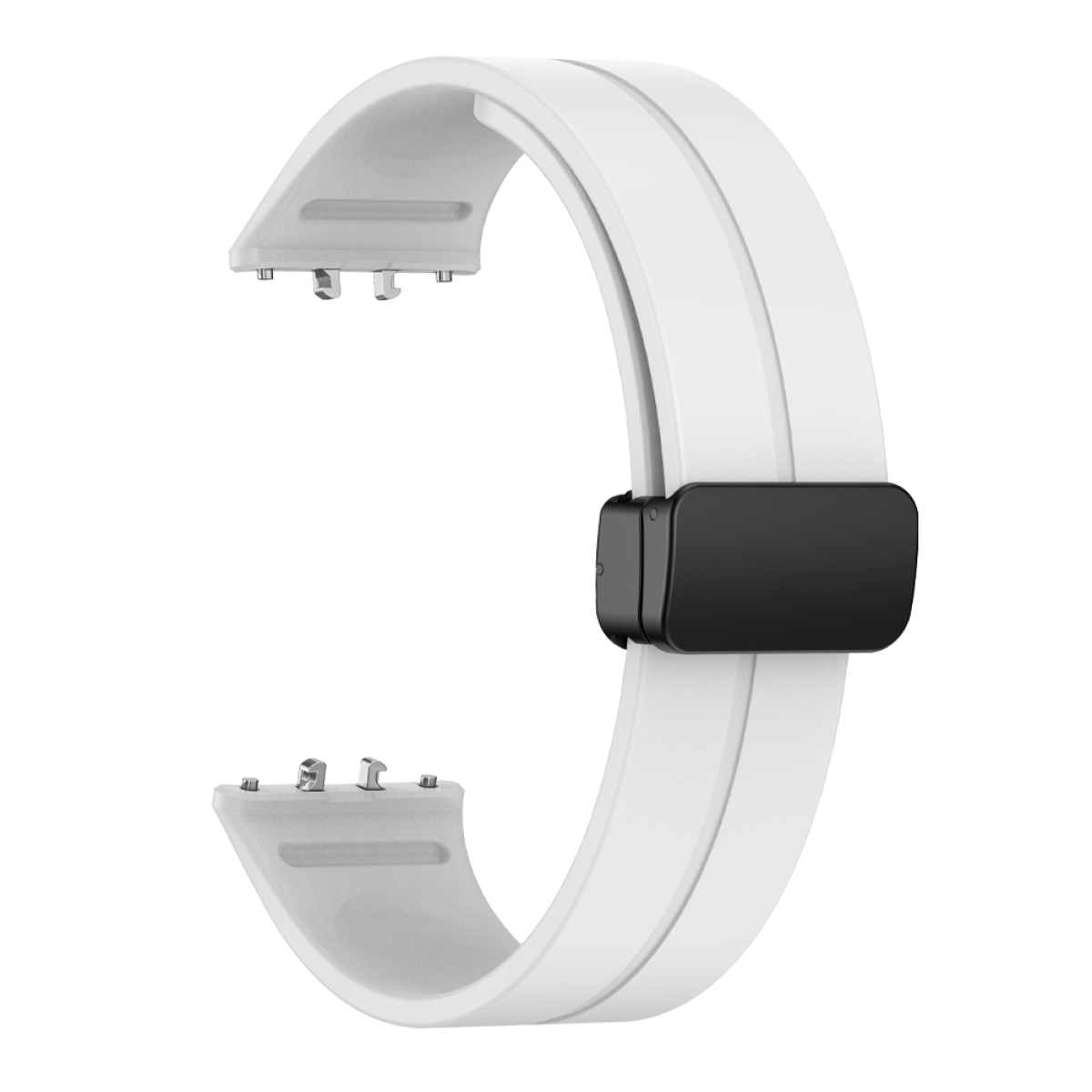 Weißes Uhrenarmband mit schwarzer Schnalle. Es ist ein zweiteiliges Armband mit glattem, gebogenem Design.