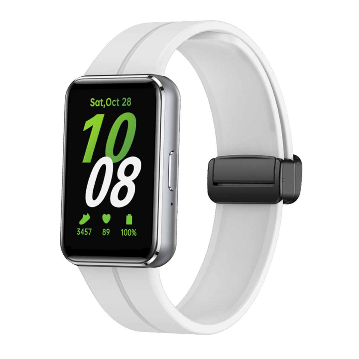 Weiße Smartwatch mit weißem Armband, die Datum und Uhrzeit anzeigt. Sie ist auf weißem Hintergrund.