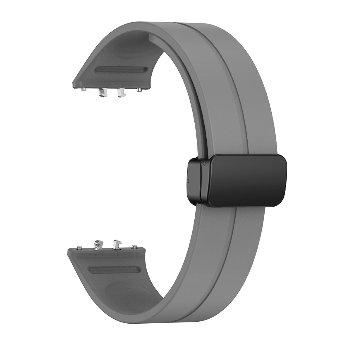 Graues Uhrenarmband mit schwarzem Verschluss. Weißer Hintergrund.