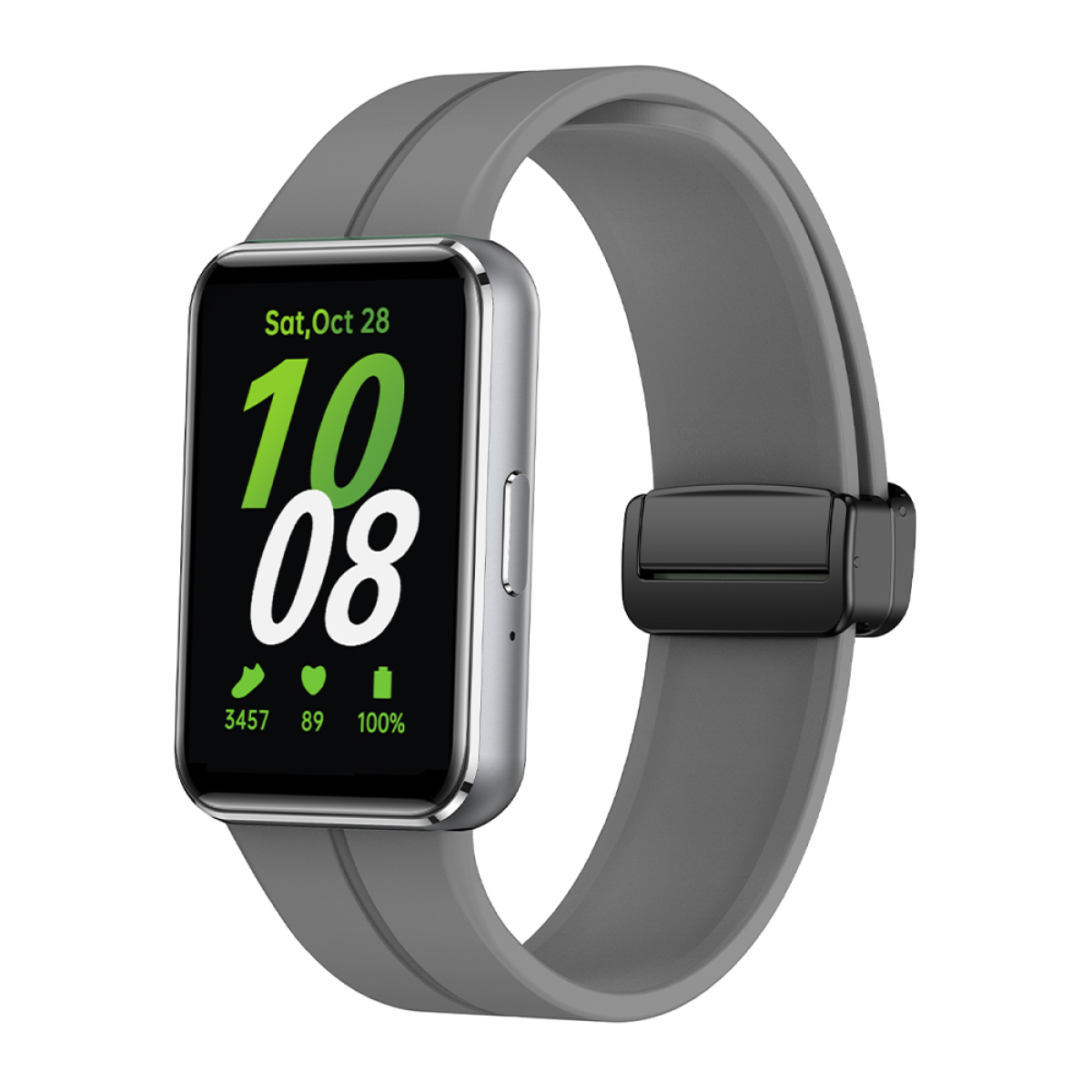 Eine silberne und graue Smartwatch mit grauem Armband. Das Zifferblatt zeigt Zeit und Gesundheitsdaten.