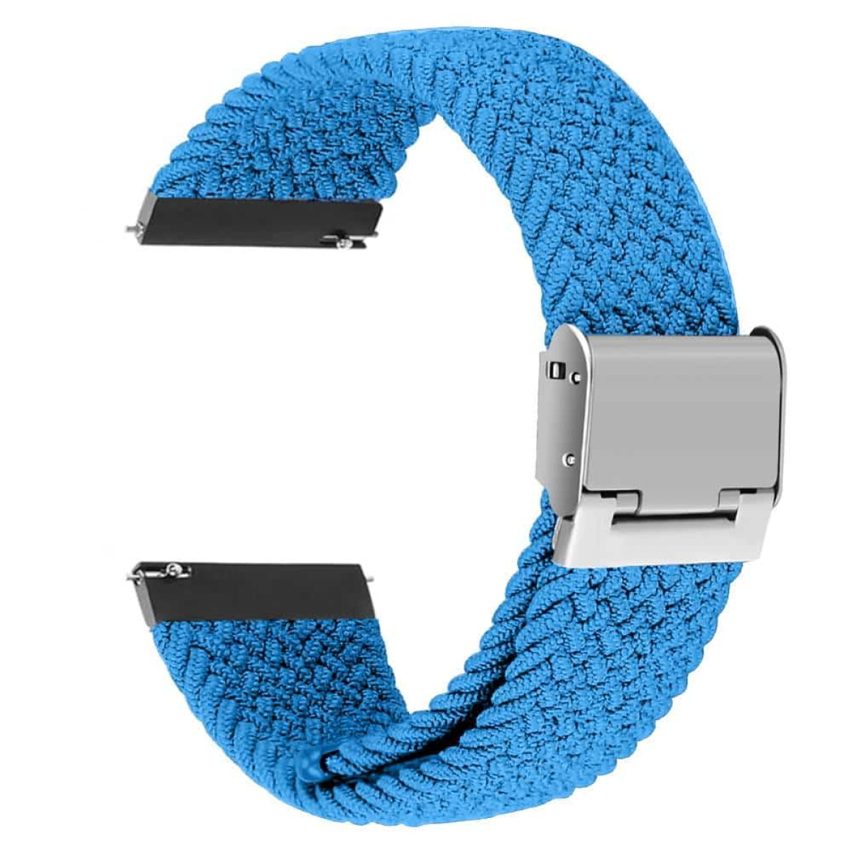 Ein blaues geflochtenes Uhrenarmband mit silbernem Verschluss. Das Band ist in einem Kreis gewickelt.