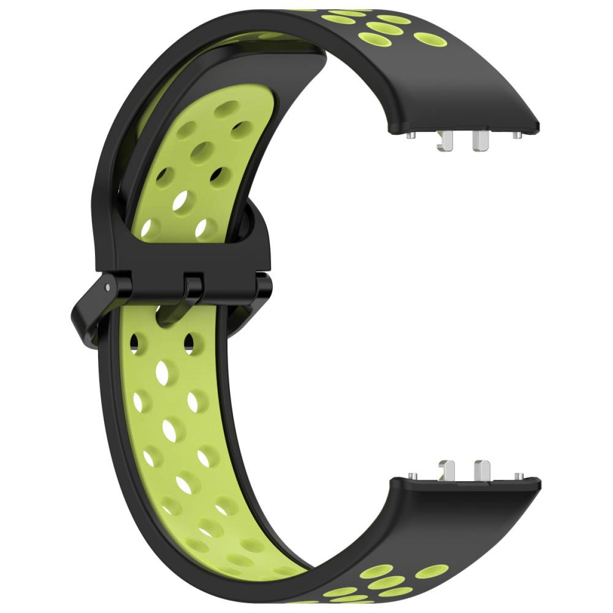 Ein schwarzes und grünes Uhrenarmband mit Schnalle. Das Band hat grüne Löcher. Der schwarze Teil verbindet sich mit der Uhr.