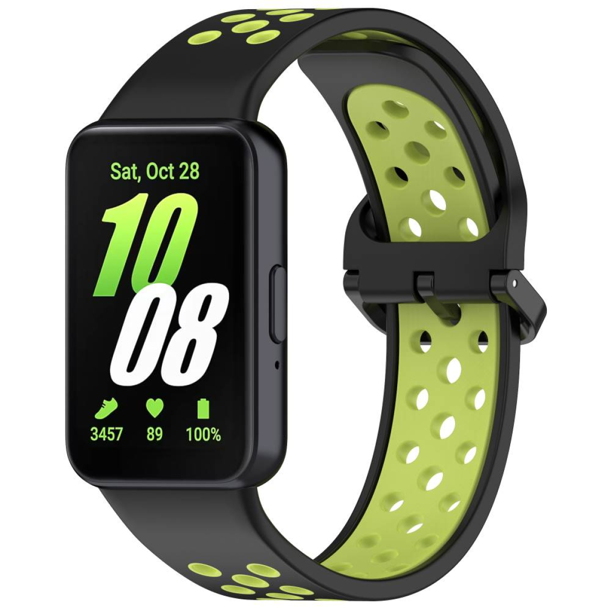 Eine schwarze Smartwatch mit grünem Armband. Der Bildschirm zeigt Datum, Uhrzeit, Schritte, Herzfrequenz und Akkustand an.