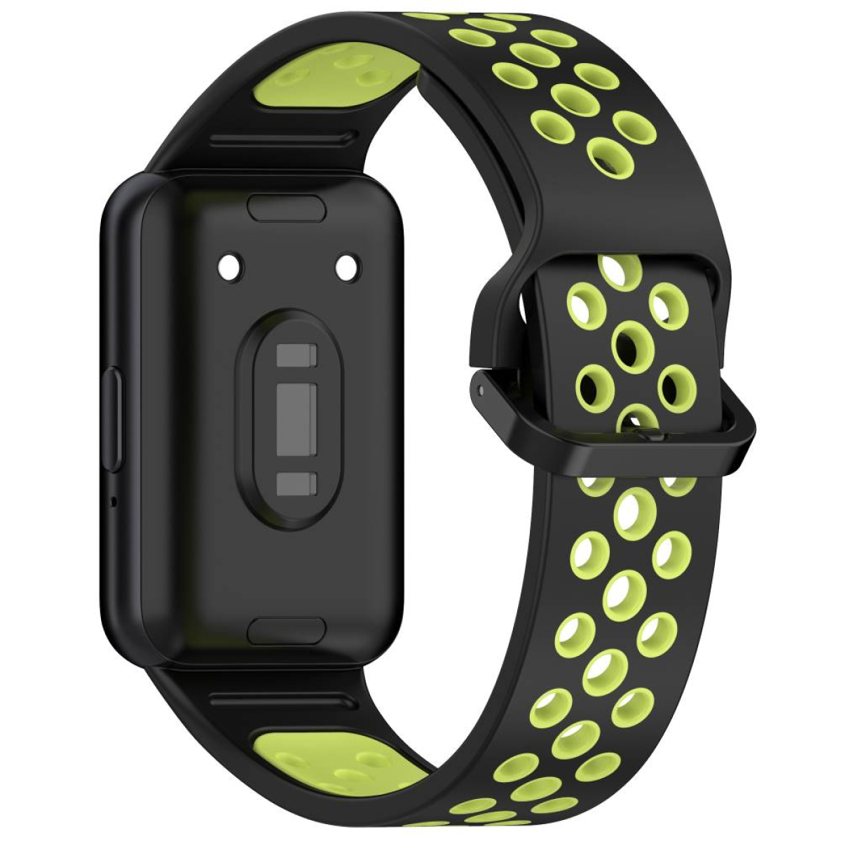 Schwarzes und grünes Smartwatch-Armband mit rechteckigem Zifferblatt. Das Armband hat Löcher und eine Schnalle.