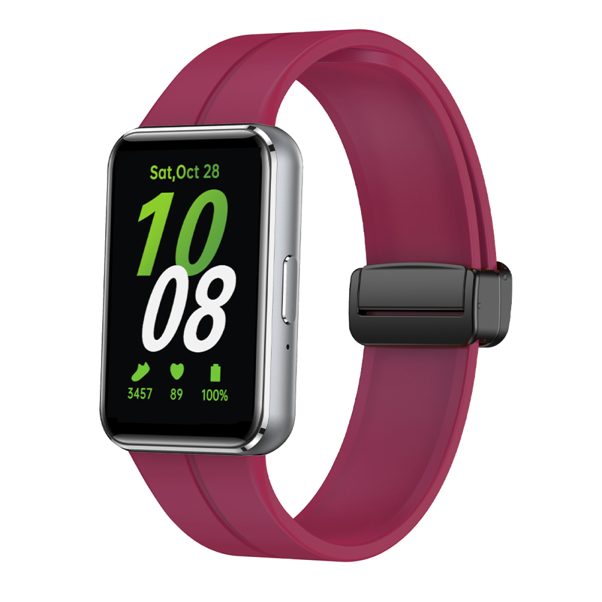 Smartwatch mit weinrotem Armband, das Datum, die Uhrzeit und Gesundheitsmetriken anzeigt.