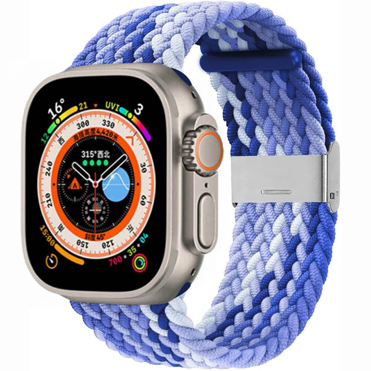 Eine silberne Smartwatch mit blauem geflochtenem Armband. Das Zifferblatt zeigt Informationen.