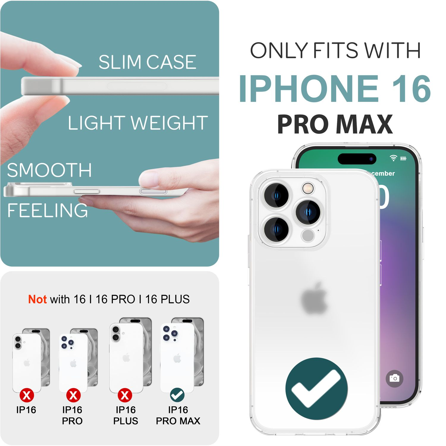 Diagramm einer Handyhülle und eines Telefons. Zeigt die Kompatibilität nur mit dem iPhone 16 Pro Max.
