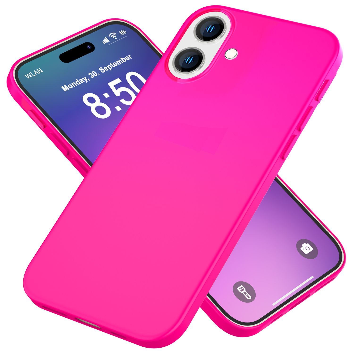 Zwei sich überlappende rosa Telefone, die den Bildschirm mit Apps und die hintere Hülle zeigen.