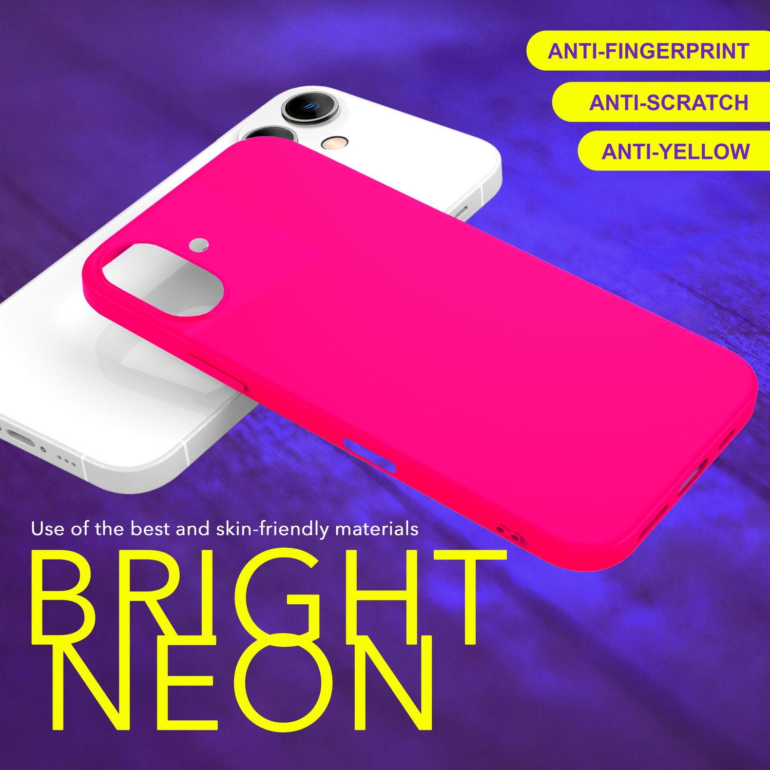 Helle neonrosa Handyhülle neben einem weißen Telefon. Text: ANTI-FINGERPRINT, ANTI-KRATZER, ANTI-GELB, HELL NEON.