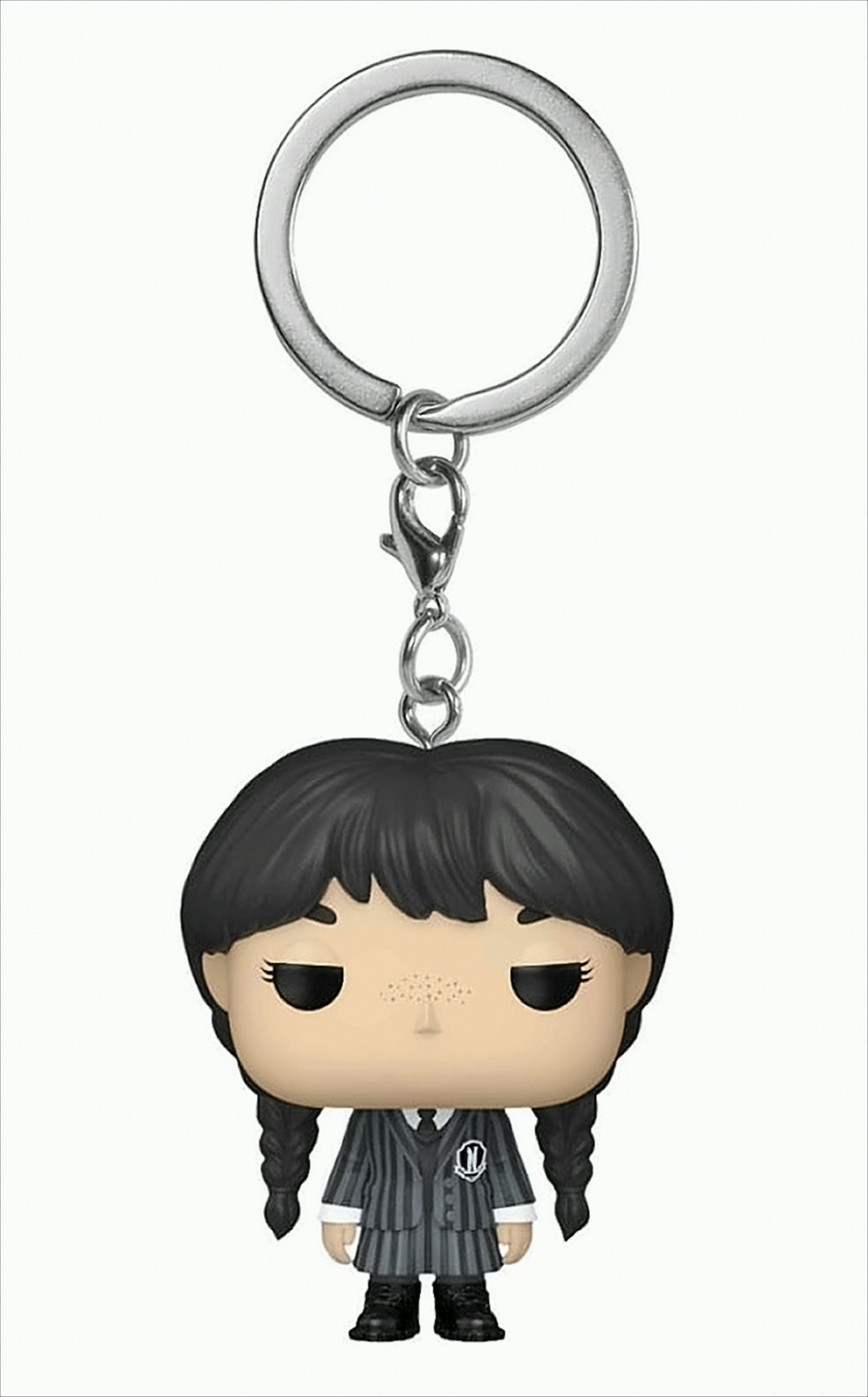 Wednesday Addams Funko Pop Schlüsselanhänger. Weißer Hintergrund.