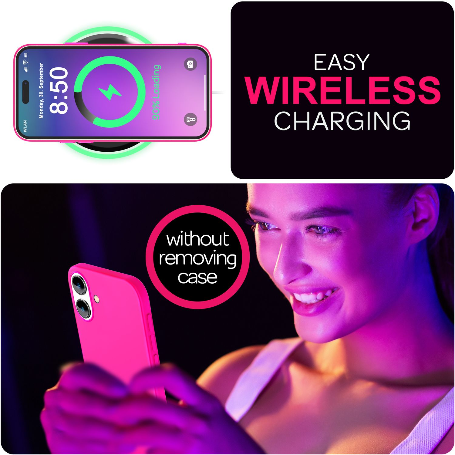 Telefon auf einem kabellosen Ladegerät. Eine Frau lächelt. Text: "Easy Wireless Charging".