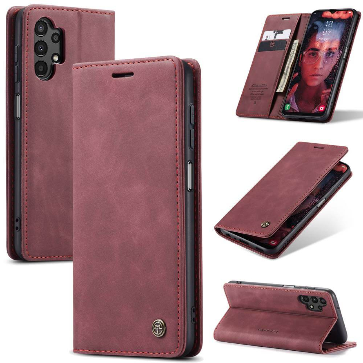 Weinrotes Leder-Handycase in mehreren Ansichten mit Karten und Telefon.