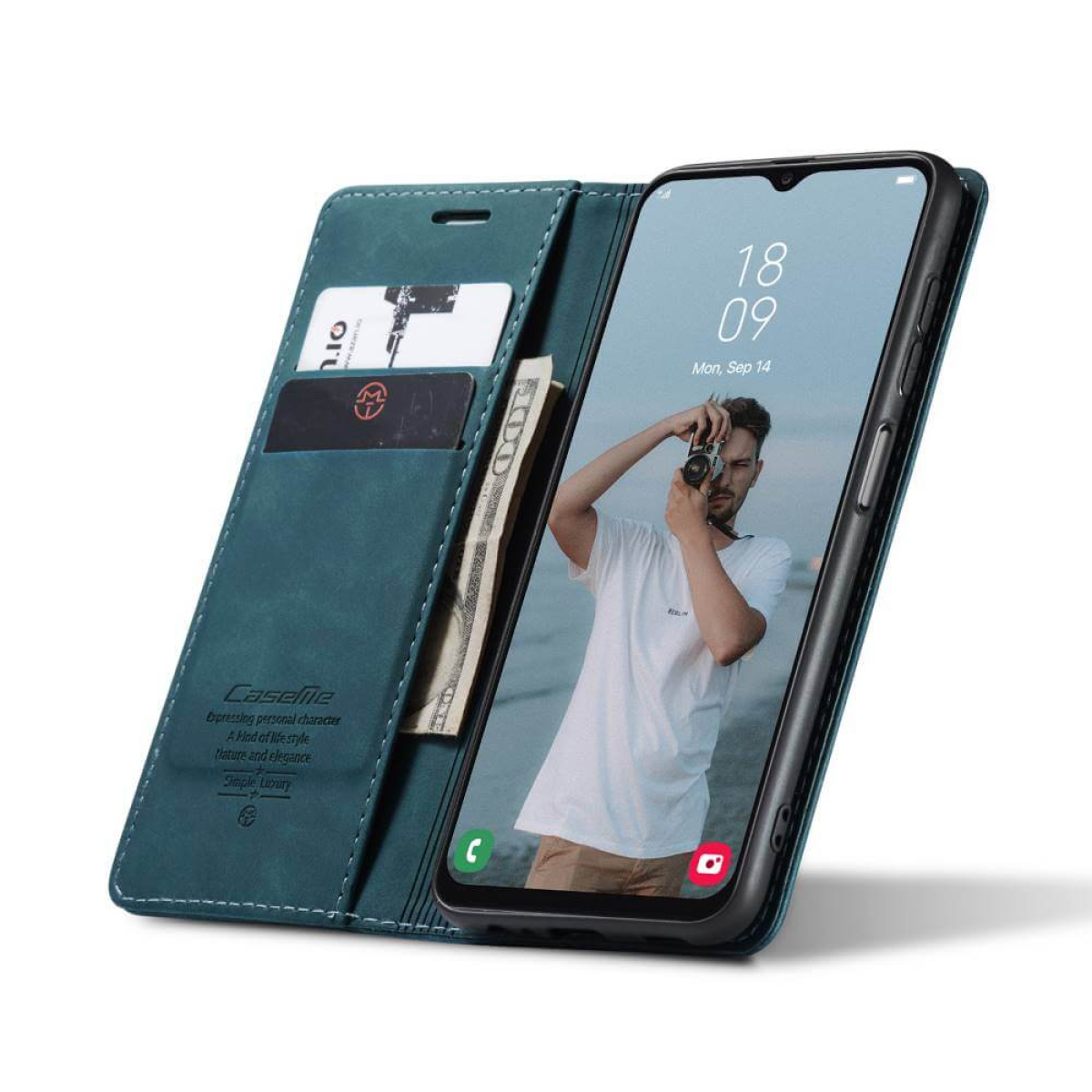 Blaue Leder-Handyhülle mit Telefon, das ein Foto, eine Karte und Geld zeigt.