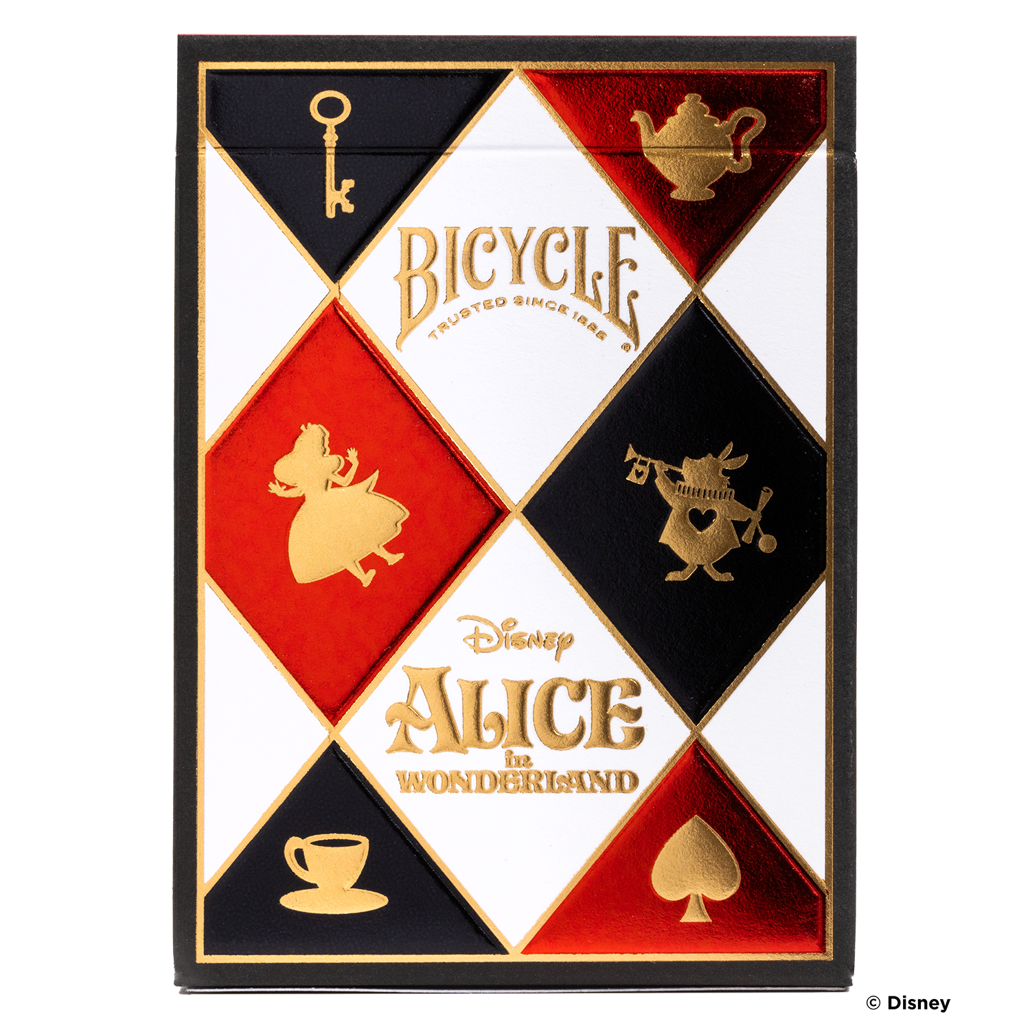 Alice im Wunderland Spielkarten, mit Schlüssel, Teekanne, Alice, weißem Kaninchen und Tasse auf der Box.