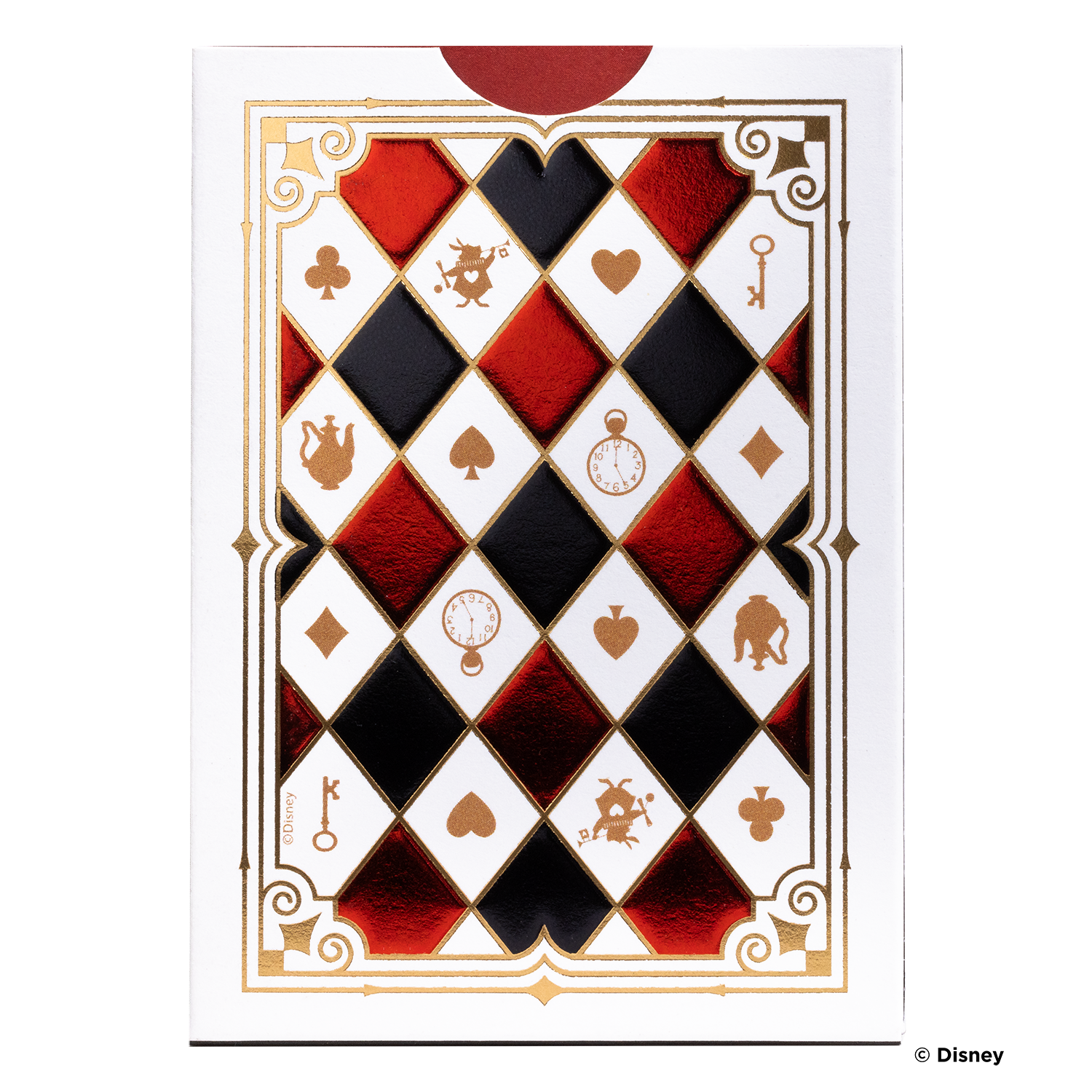 Spielkartenbox. Die Box ist weiß mit goldenem Rand. Sie hat ein Muster aus roten, schwarzen und weißen Diamanten.