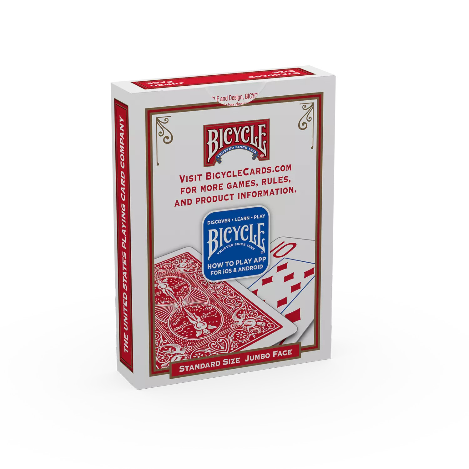 Eine Spielkartenbox von Bicycle, rot und weiß. Sie zeigt das Bicycle-Logo.