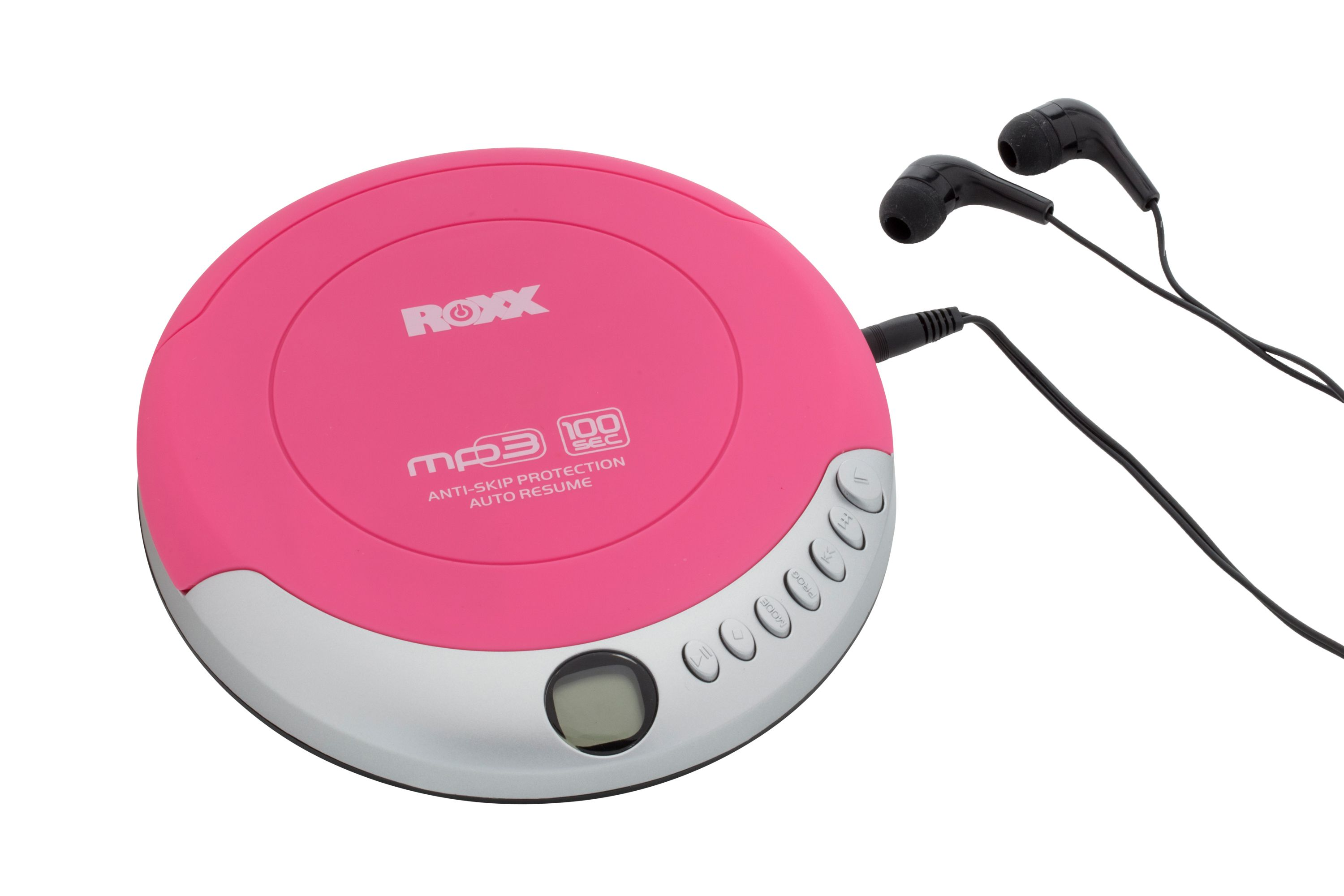 Rosa-silberner tragbarer CD-Player mit schwarzen Ohrhörern. Der Player hat Steuertasten und ein Display.