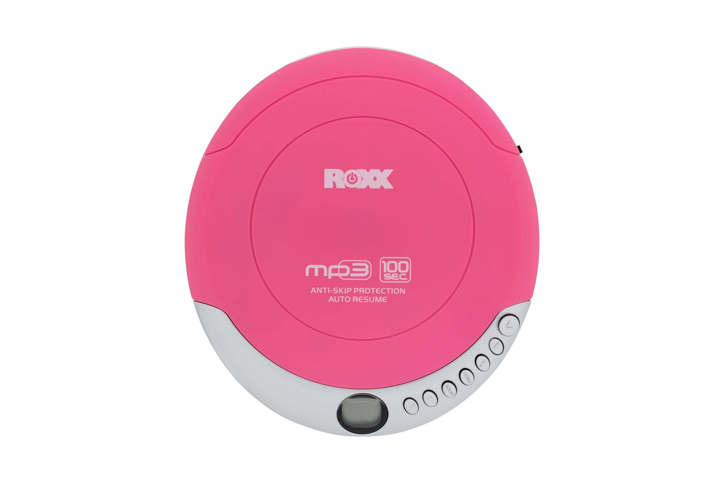 Rosa tragbarer CD-Player. Er hat Knöpfe und ein kleines Display auf weißem Hintergrund.