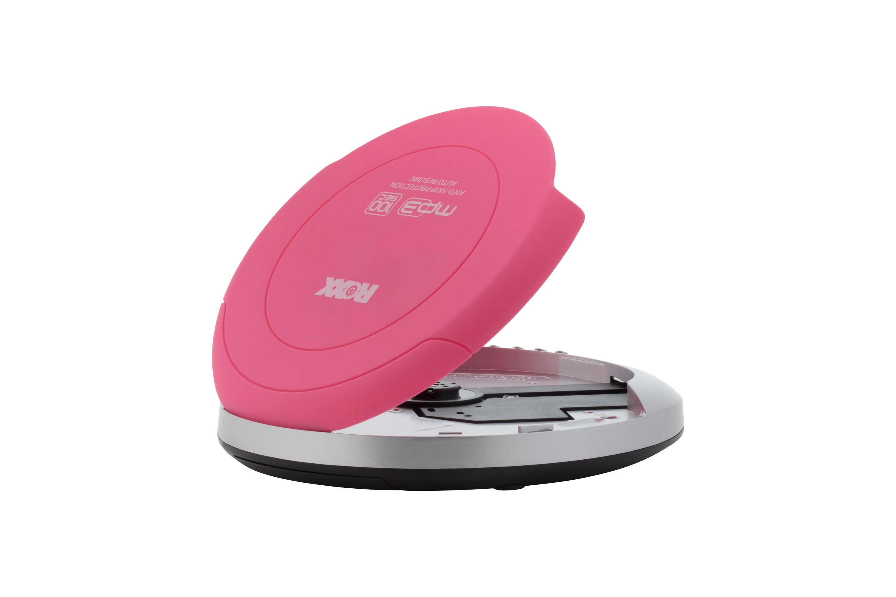Ein rosa, offener CD-Player mit silbernem Innenraum vor weißem Hintergrund.