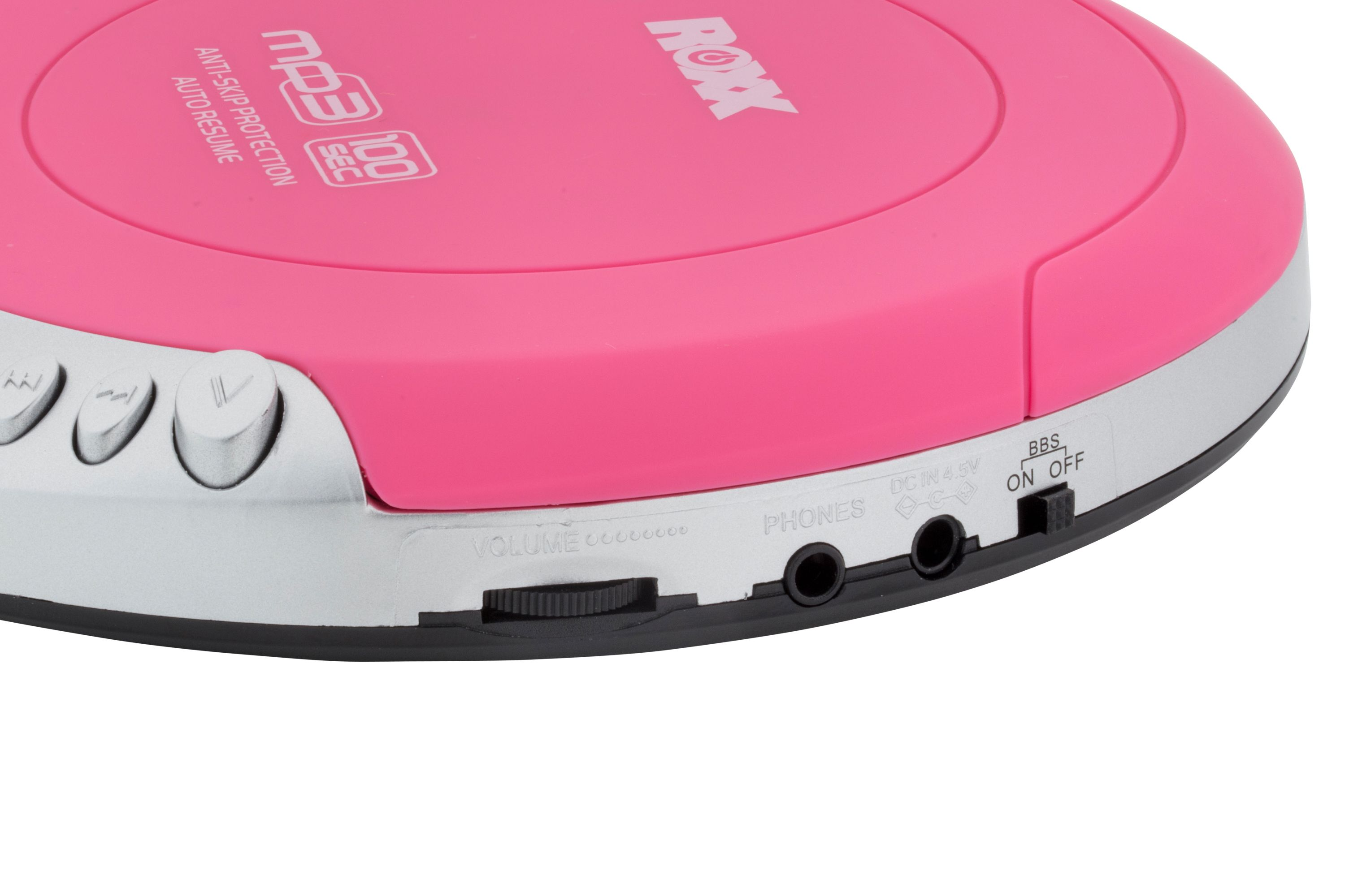 Rosa tragbarer CD-Player mit silberner Zierleiste, verschiedenen Tasten und beschrifteten Anschlüssen.