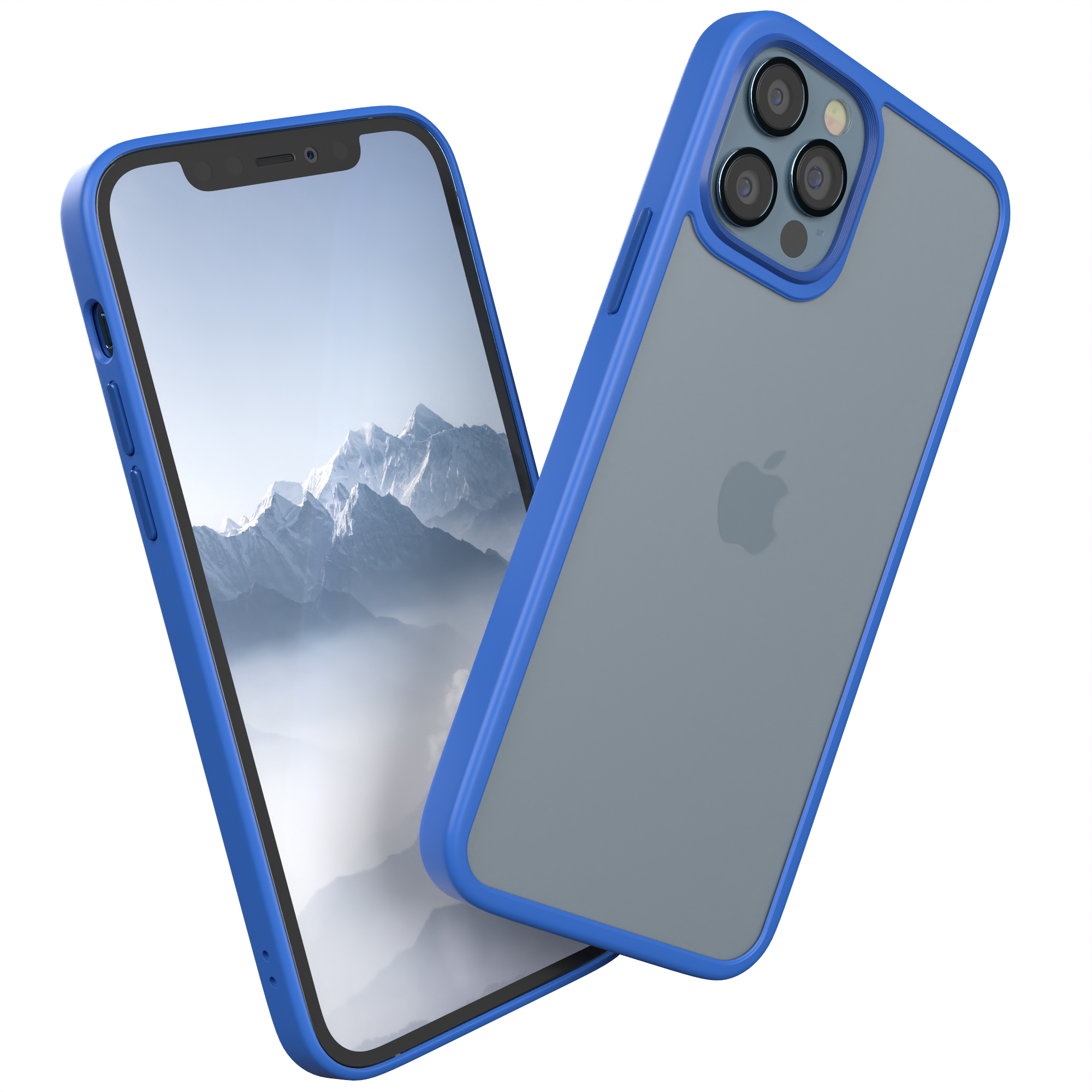 Blau gerahmtes Telefon mit Bildschirm, der eine Landschaft zeigt, und grauer Rückseite.