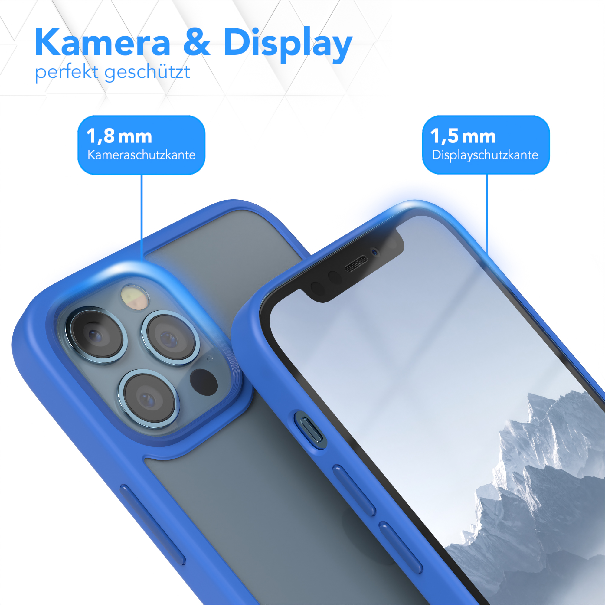 Blaue Handyhülle auf einem Telefon. Die Hülle bedeckt Rückseite und Seiten. Der Bildschirm ist sichtbar.