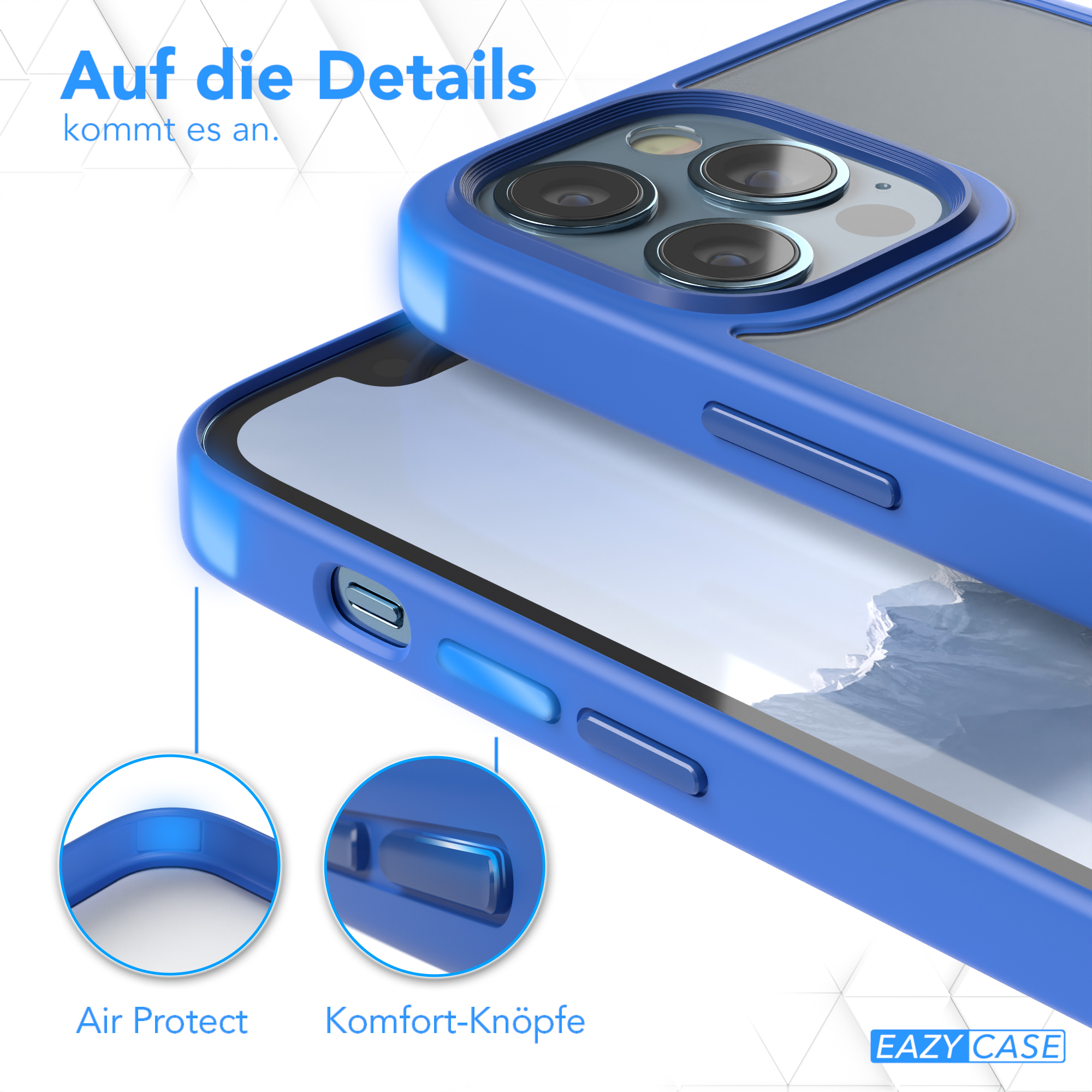 Eine blaue Handyhülle mit einem Telefon darin. Das Bild zeigt Details der Hülle.