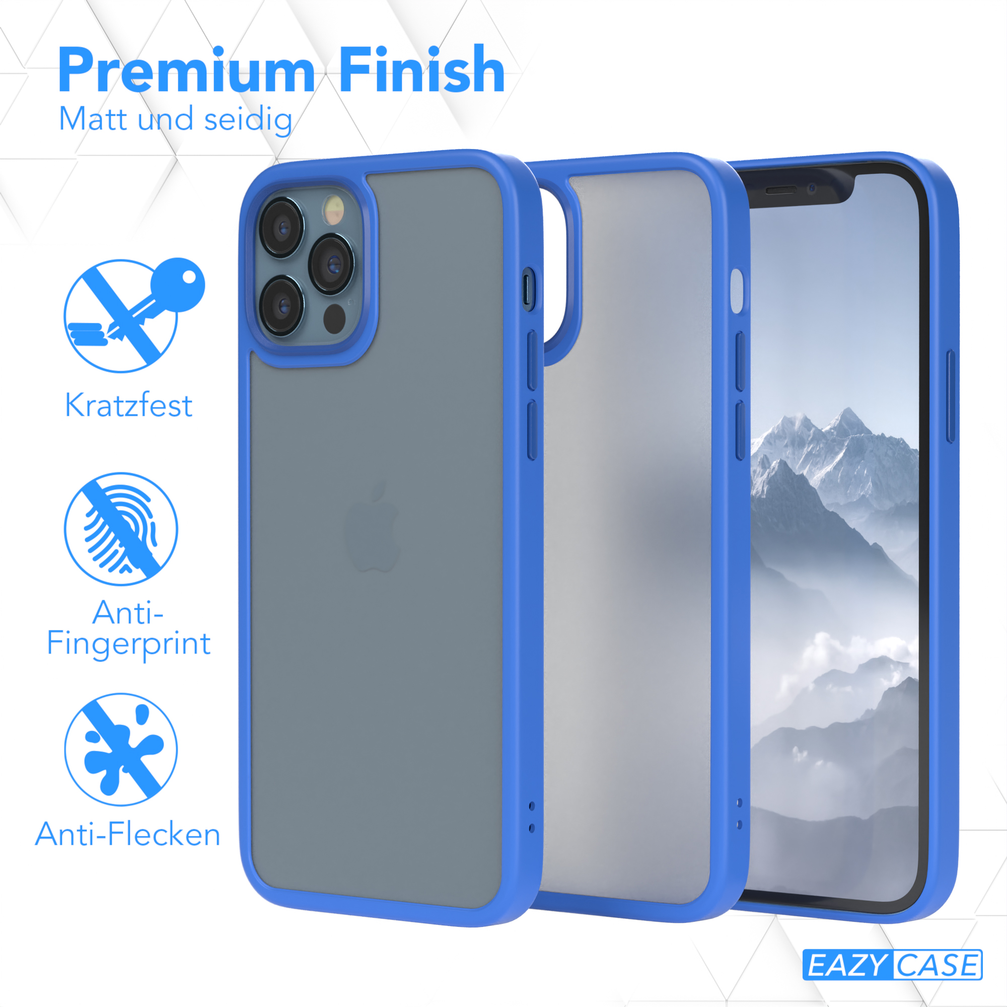 Drei Handyhüllen, blauer Rahmen und graue Rückseite. Text: Premium Finish, Anti-Fingerprint und Anti-Flecken.