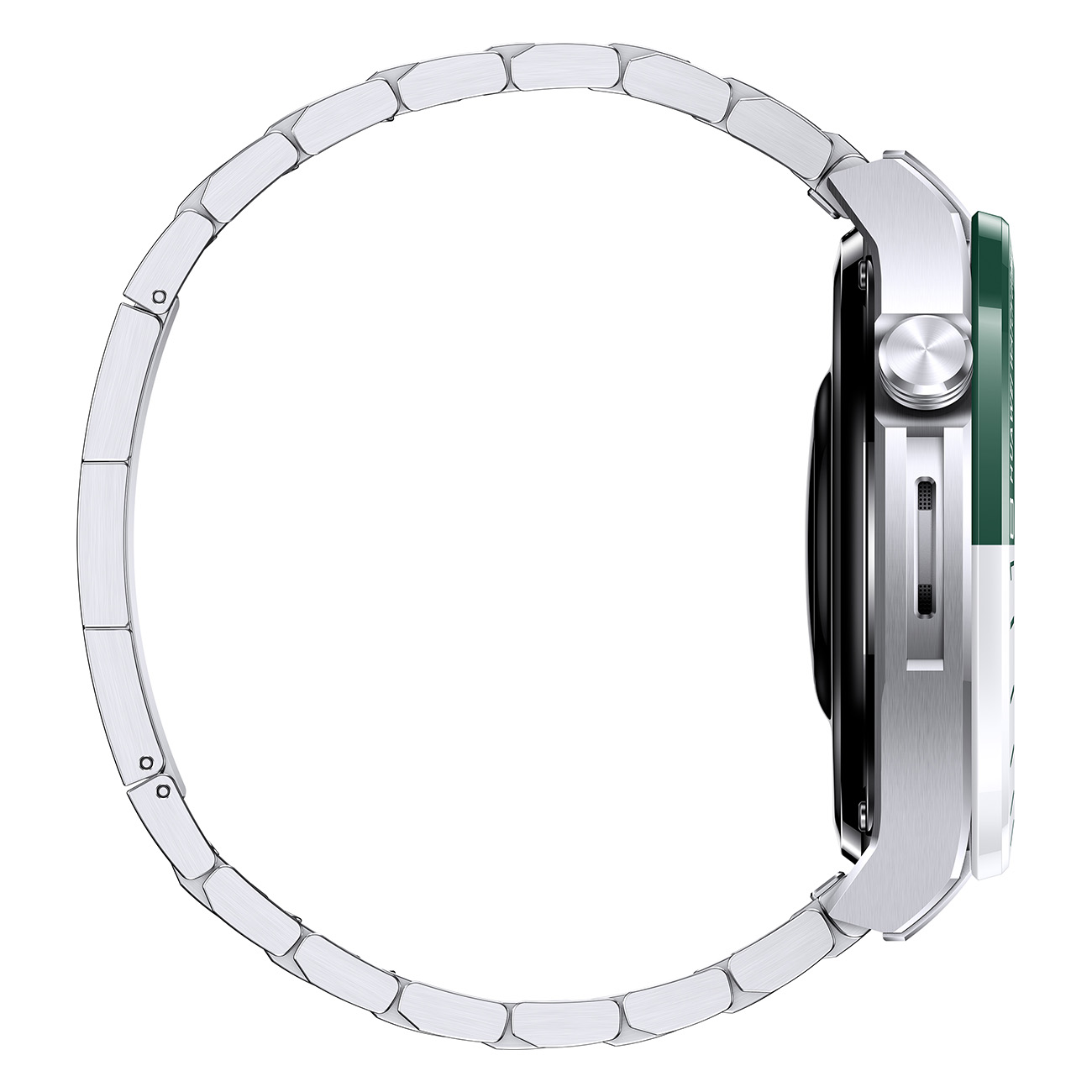 Silberne Smartwatch, Seitenansicht, mit silbernem Armband, grünen Akzenten.