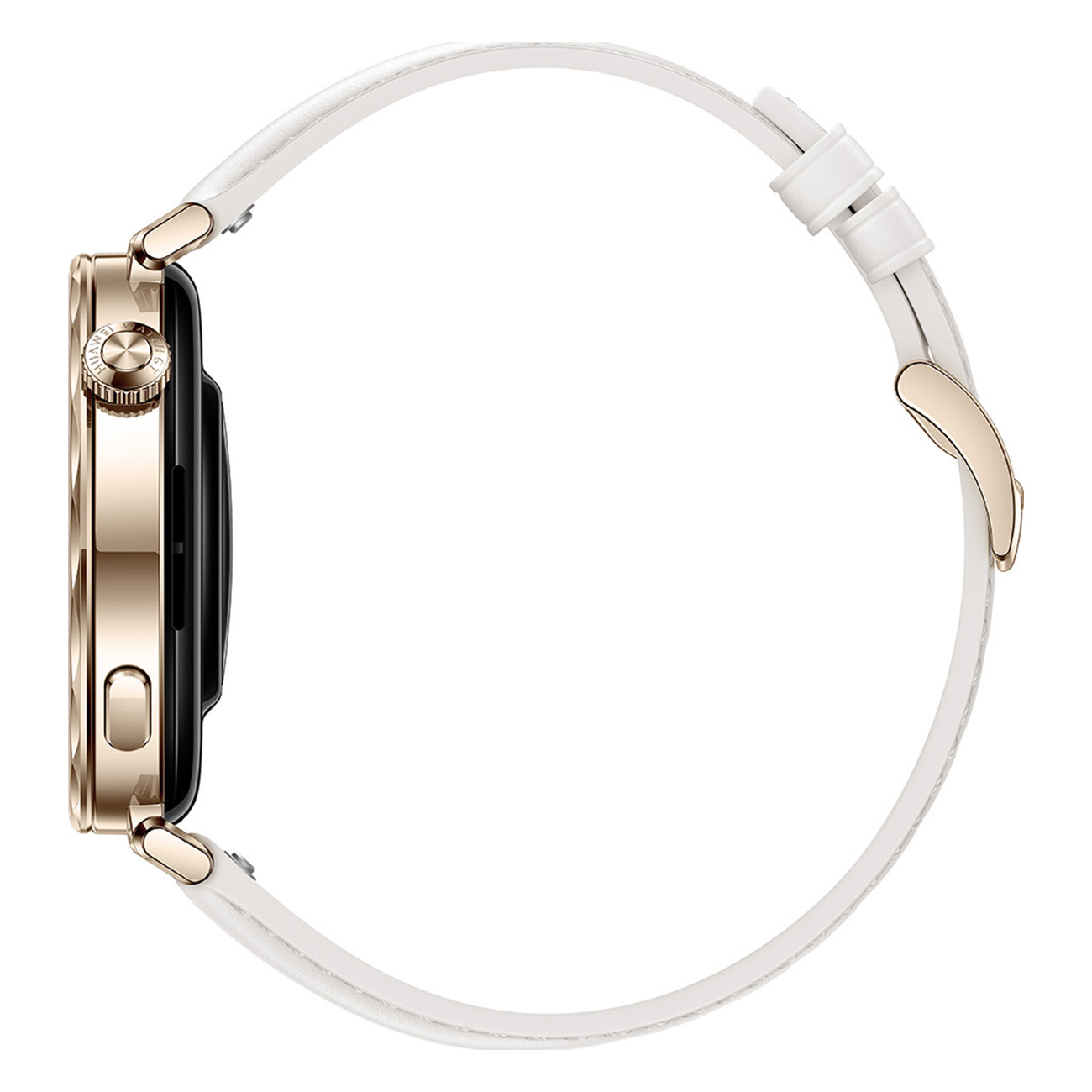 Złoty i biały smartwatch jest pokazany z boku.