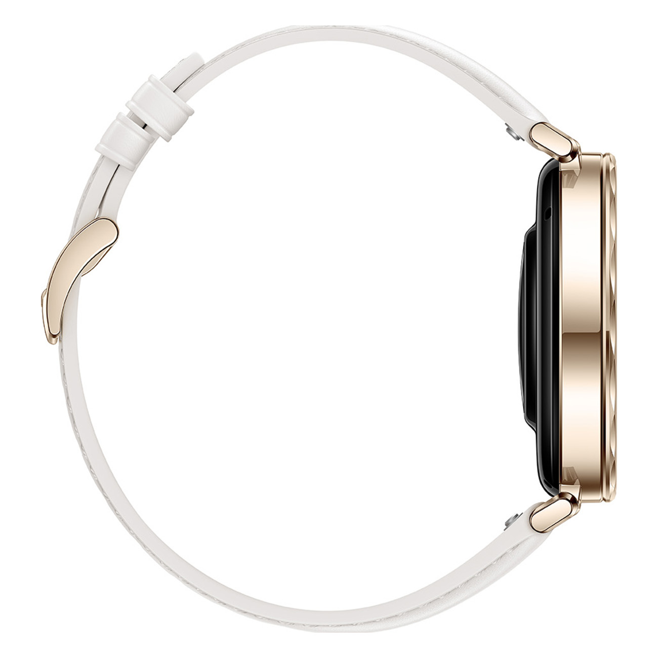 Złoty i biały smartwatch z białym paskiem, widok z boku.
