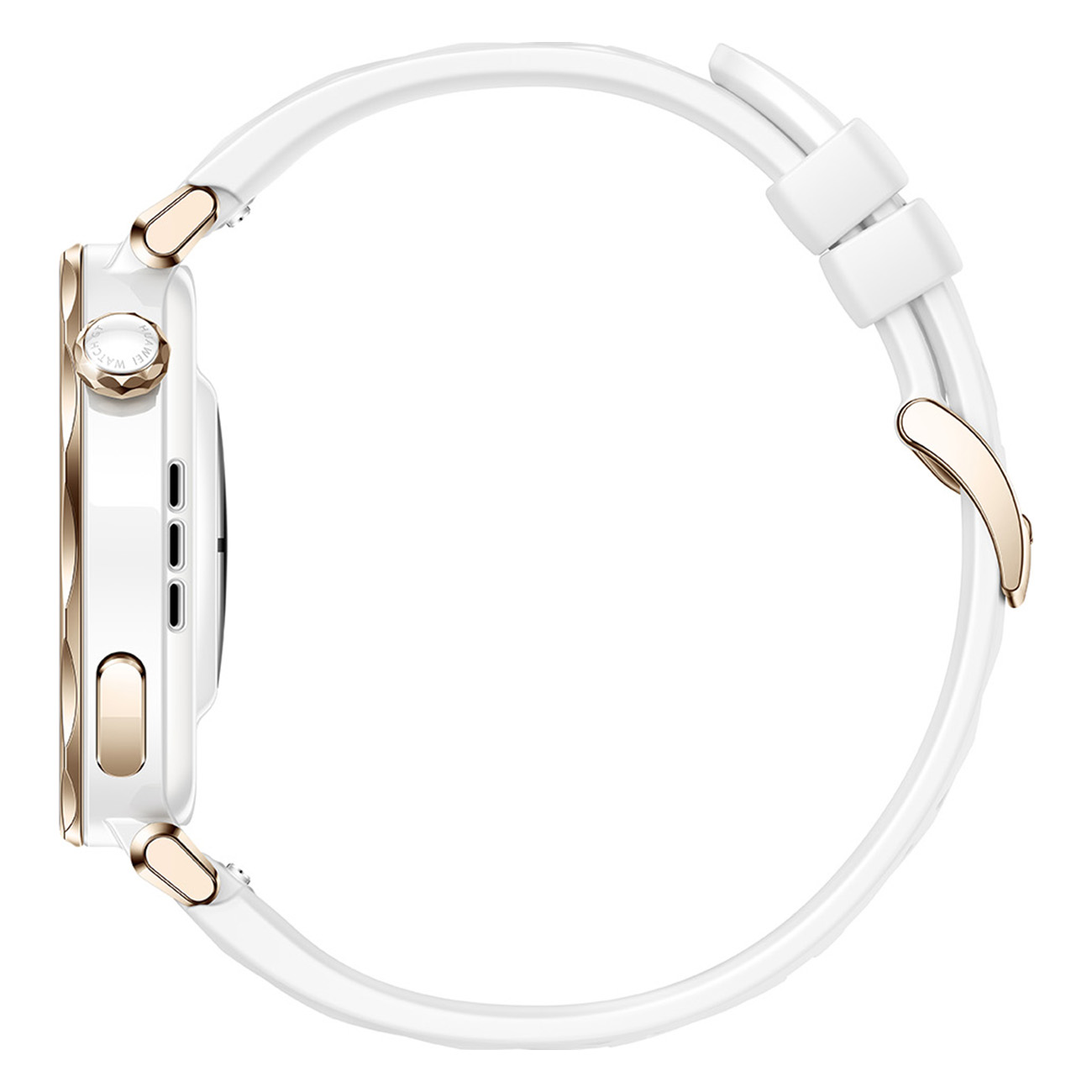 Biały smartwatch ze złotymi akcentami, widok z boku. Zegarek ma biały pasek ze złotymi zapięciami.