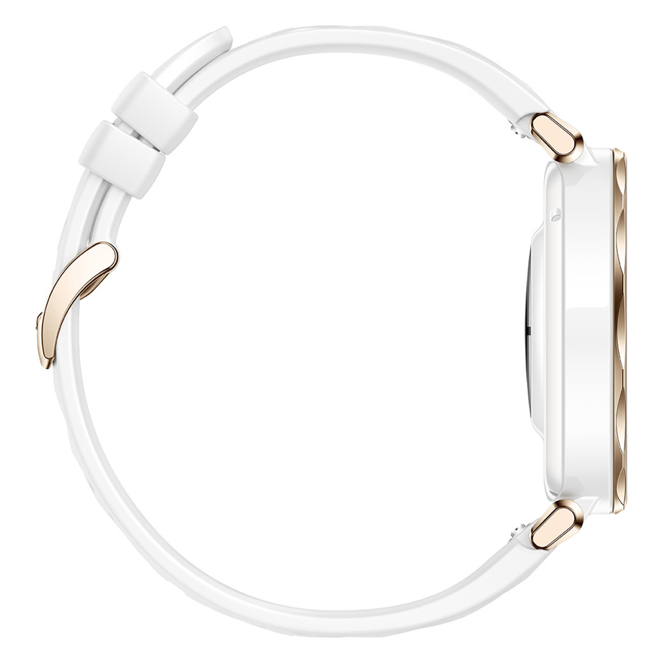 Biały smartwatch ze złotą ramką i mocowaniami paska.