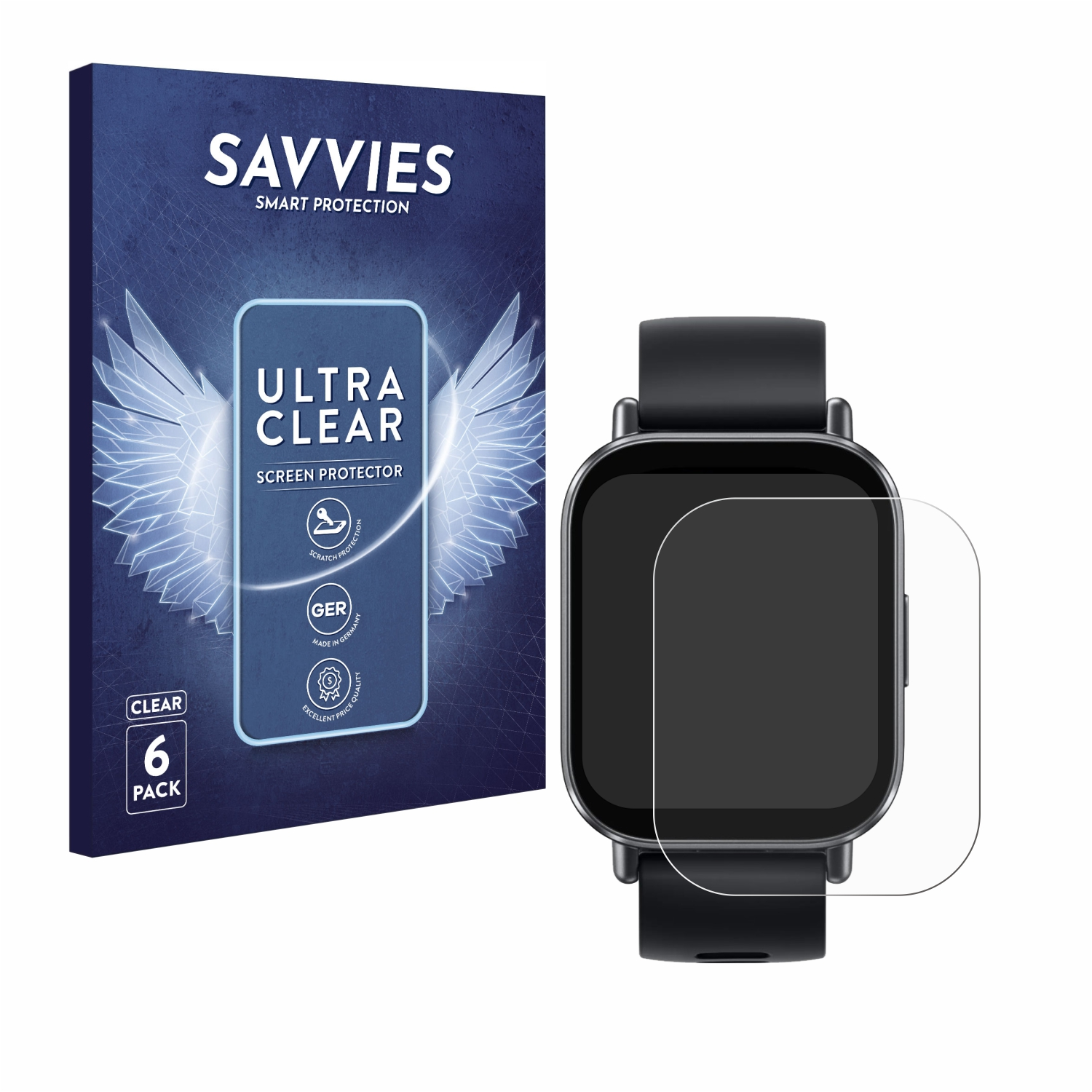 Schutzfolienbox mit Smartwatch-Grafik und klarer Displayschutzfolie über der Uhr.