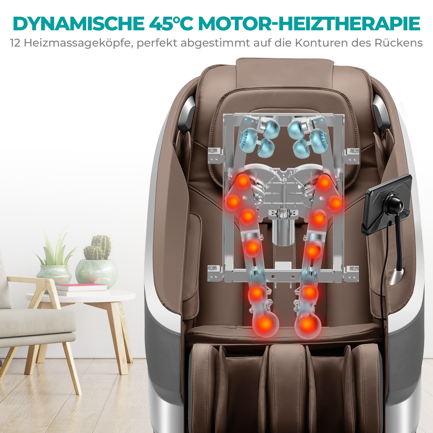 Brauner Massagesessel-Innenraum mit roten Akzenten. Text: Dynamische 45°C Motor-Wärmetherapie, 12 Massageköpfe.