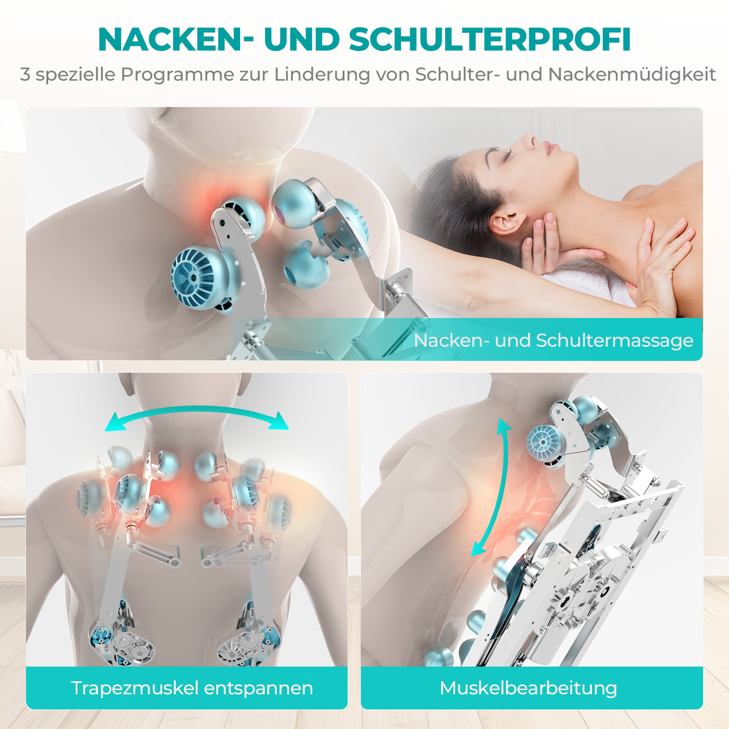 Bilder, die ein Nacken- und Schultermassagegerät illustrieren, mit Text auf Deutsch.