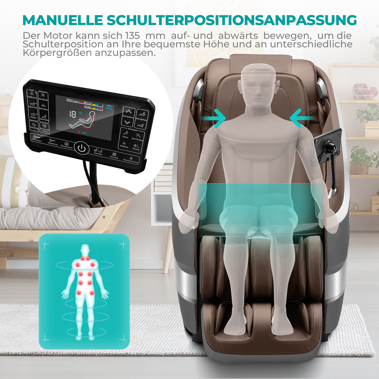 Ein Massagesessel mit Bedienfeld, einer Diagramm einer Person und Pfeilen, die Massagepunkte anzeigen.