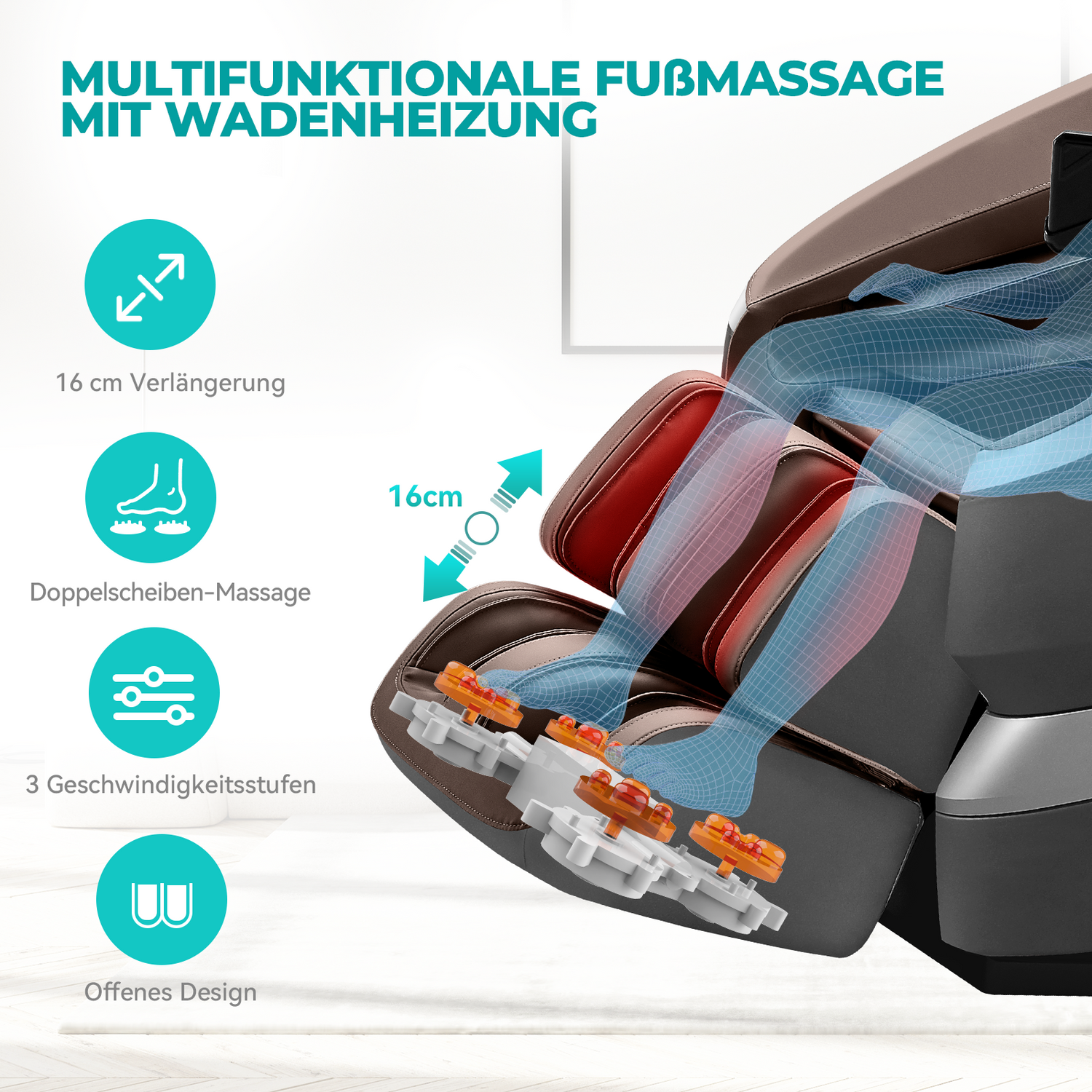 Ein Massagesessel mit einer Überlagerung des menschlichen Körpers, die Massagepunkte und -funktionen veranschaulicht. Der Stuhl ist dunkelbraun und rot.
