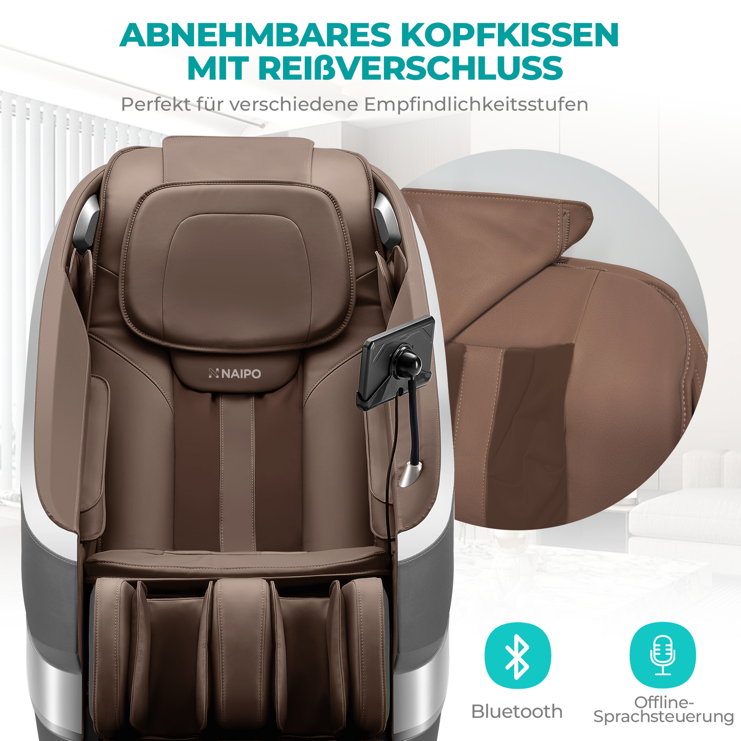 Brauner Massagesessel mit abnehmbarem Kissen, Bluetooth und Offline-Sprachsteuerung.