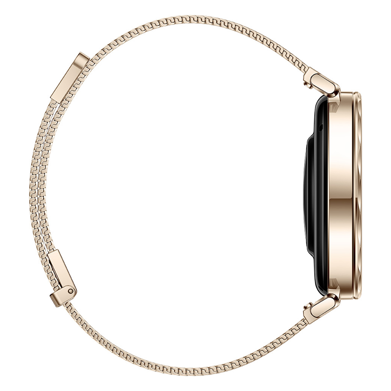 Gouden smartwatch. Een gouden horloge met een gouden band, van de zijkant gezien. Witte achtergrond.