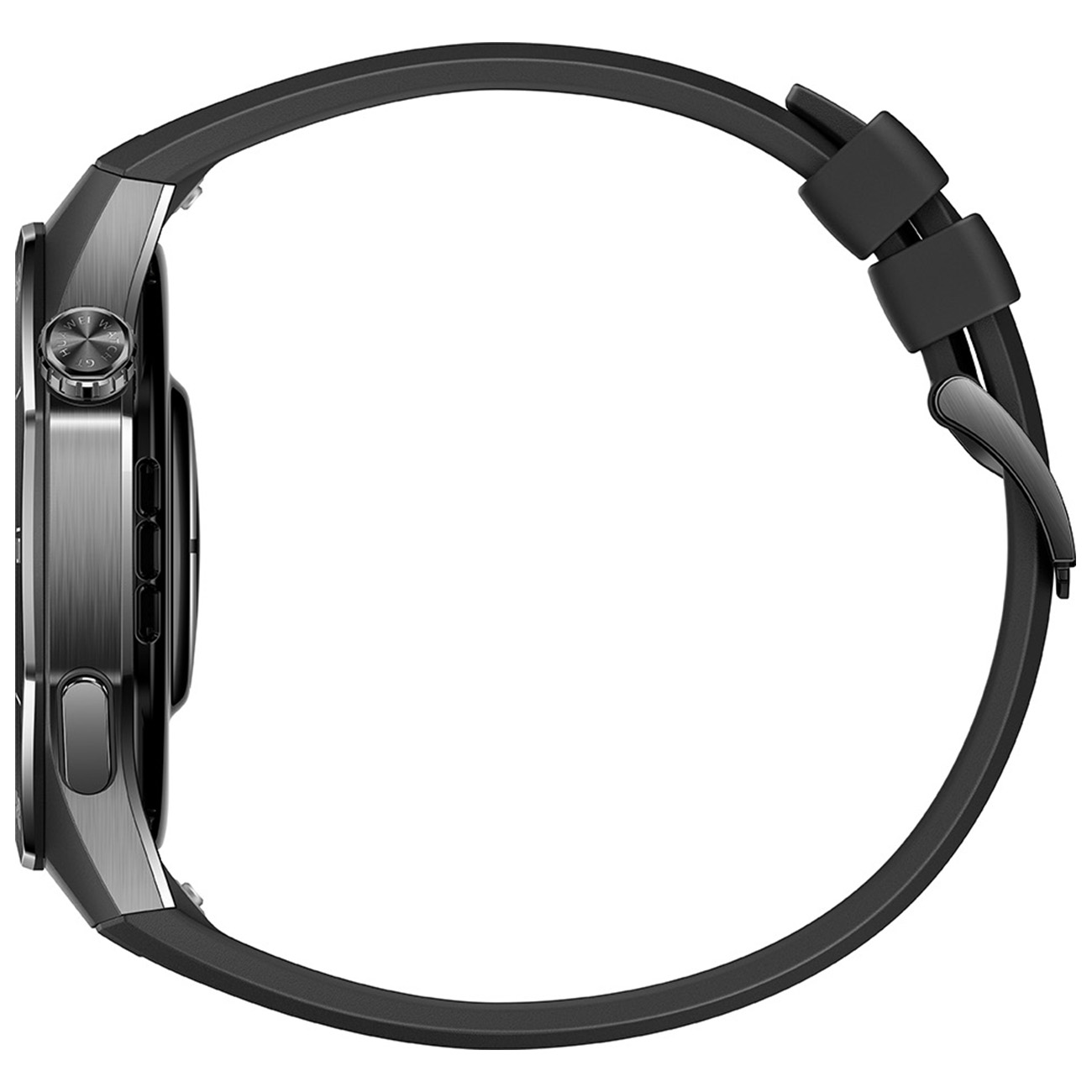 Eine Seitenansicht einer schwarzen Smartwatch mit schwarzem Armband. Die Uhr hat ein rundes Display.