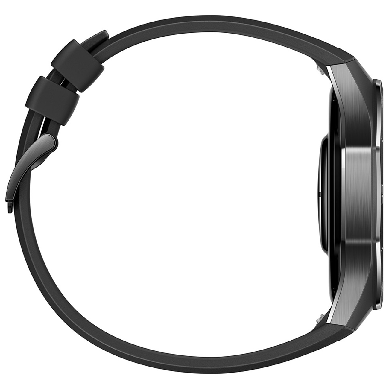 Schwarze Smartwatch mit schwarzem Armband, Seitenansicht, isoliert auf Weiß.