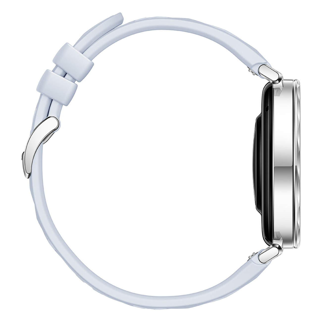 Zijaanzicht van een smartwatch met lichtblauwe band en zilverkleurig frame. Zwarte wijzerplaat.