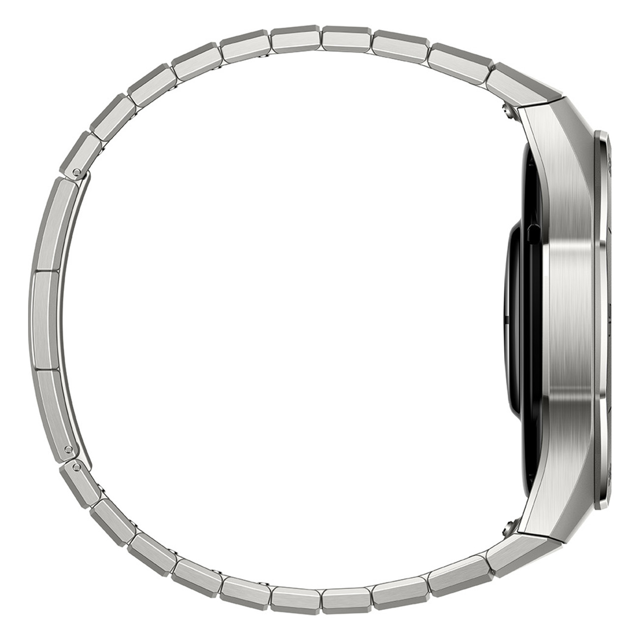 Srebrny smartwatch z metalową bransoletą, widok z boku.