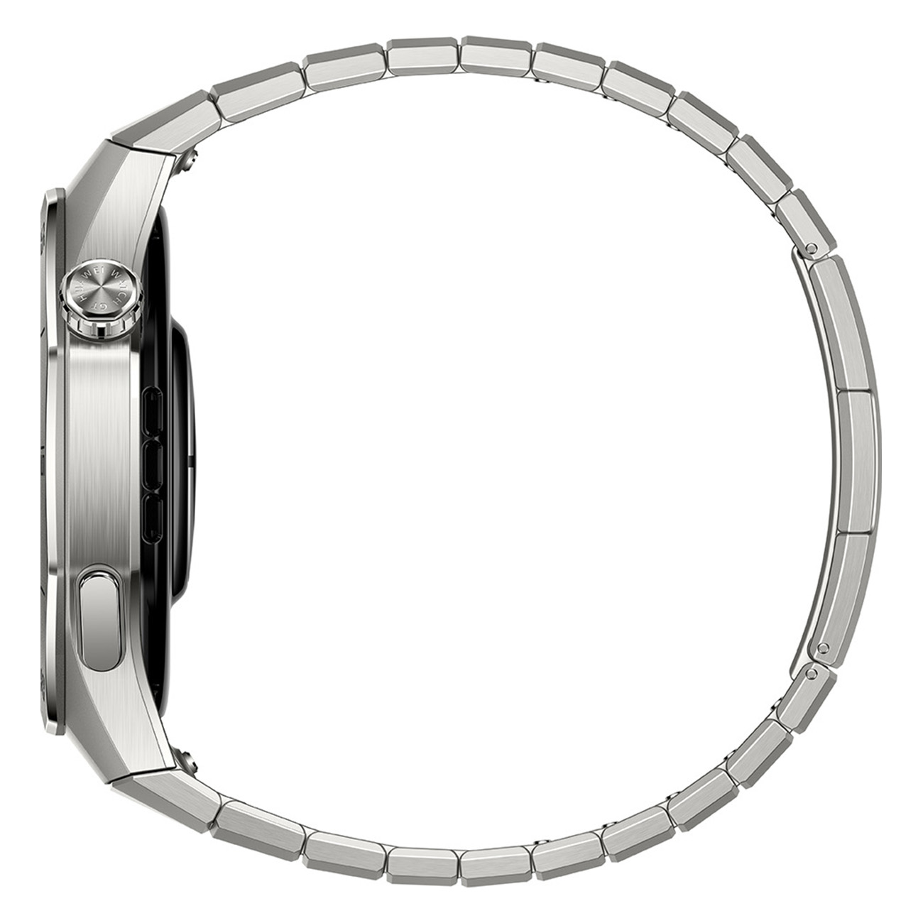 Silberne Smartwatch mit rundem Zifferblatt und Metallarmband, von der Seite betrachtet.