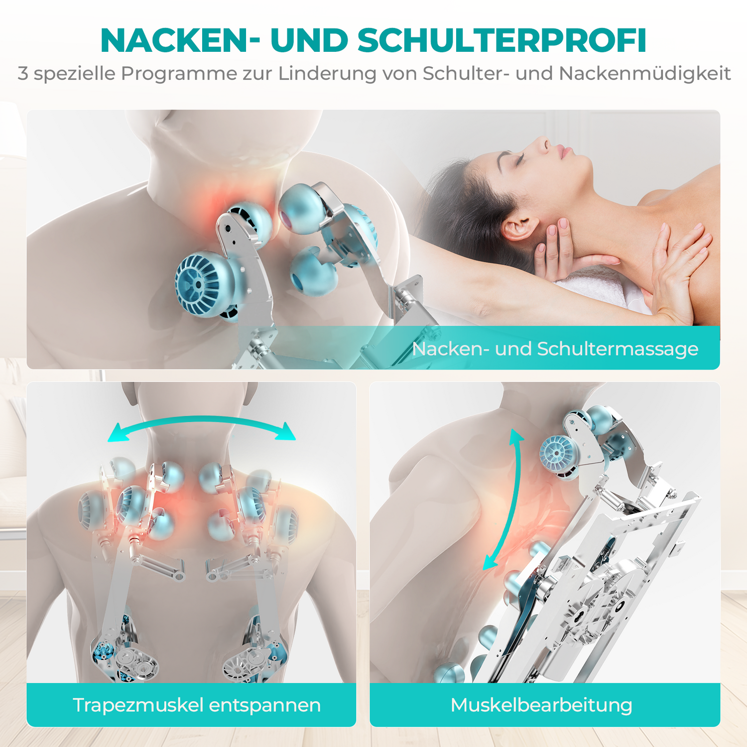 Diagramme, die Nacken- und Schultermassage mit einem Massagegerät und einer Person zeigen.