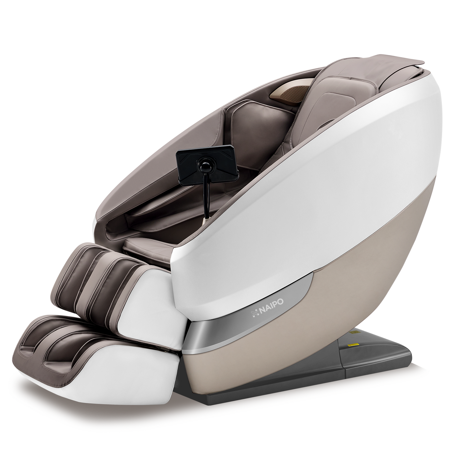 Ein weißer und beiger Massagesessel mit einem schwarzen Tablet. Der Stuhl wirkt bequem und modern.