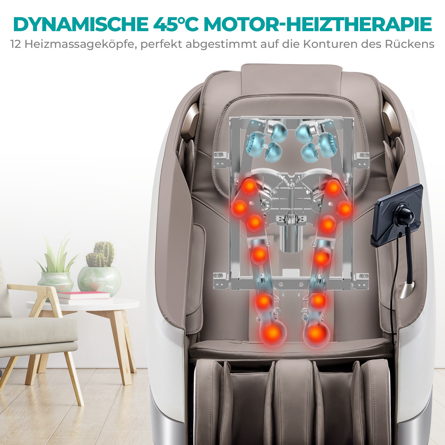 Massage-Sessel-Innenraum mit beheizten Massageköpfen und einem Tablet-Halter an der Seite. Rote und blaue Lichter.